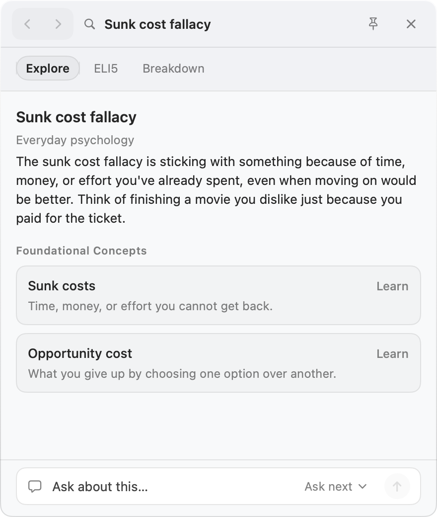 The Doe card for sunk cost fallacy, with Explore, ELI5, and Breakdown tabs, a short explanation, related ideas to learn next, and a box to ask a question.